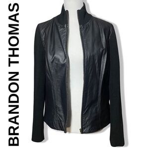 BRANDON THOMAS Black Leather/ knit Mock Neck Jacket, Full Zip Closure, Size S